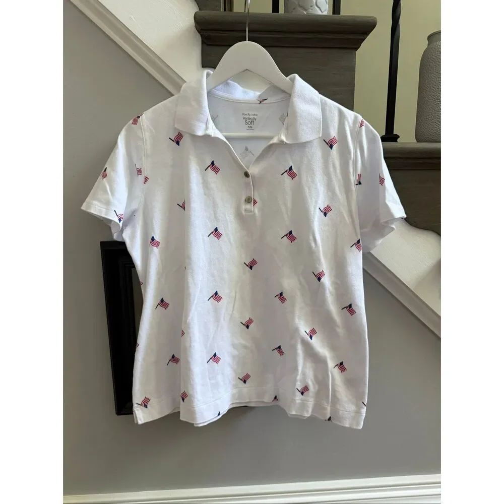 Kim Rogers Perfectly Soft White American Flag Polo Shirt sz PM